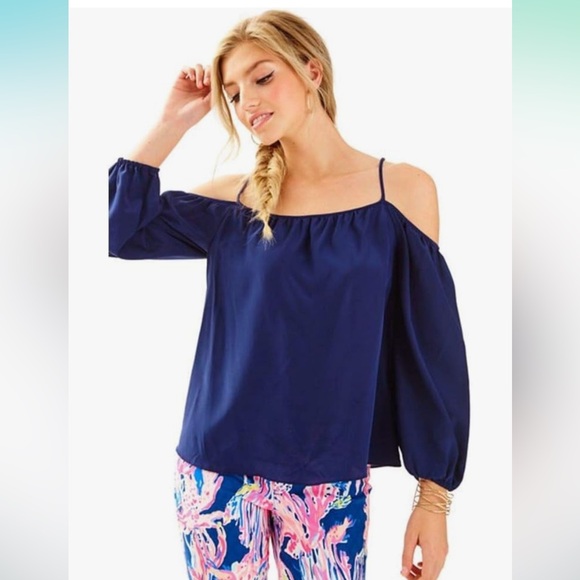 Lilly Pulitzer Candice Cold Shoulder Top 100% Silk True Navy, Sz Medium - Picture 4 of 9